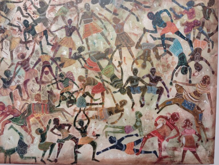 मानव की धरती पर चित्रकार की रचना में विकास यात्रा को शामिल किया गया है।